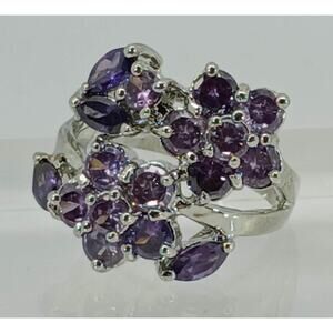 Vintage Ring Size 8 Silver Tone White Gold GP Purple Sim Diamond CZ Cocktail NOS